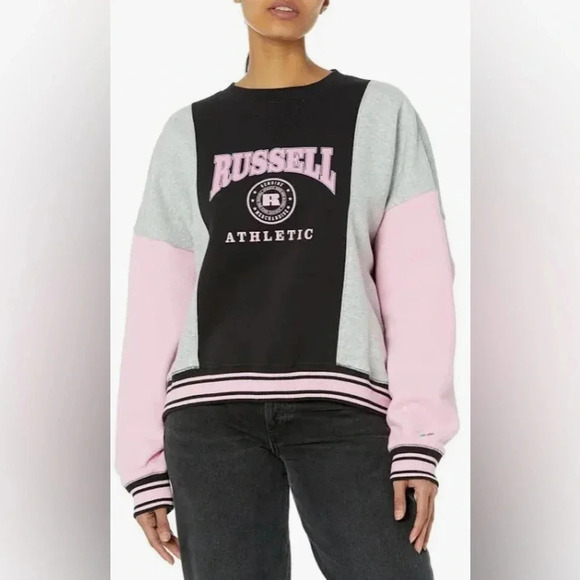 Russell Athletic Women's Graphic Logo Pink/Black Color Block Sweatshirt Sz L - Picture 1 of 6